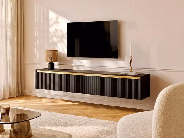 Vente-unique Modern Black Matt MDF TV Unit with 3 Doors, Wall-Mounted or Freestanding, W/D/H: 181.5 x 39.0 x 42.0 cm