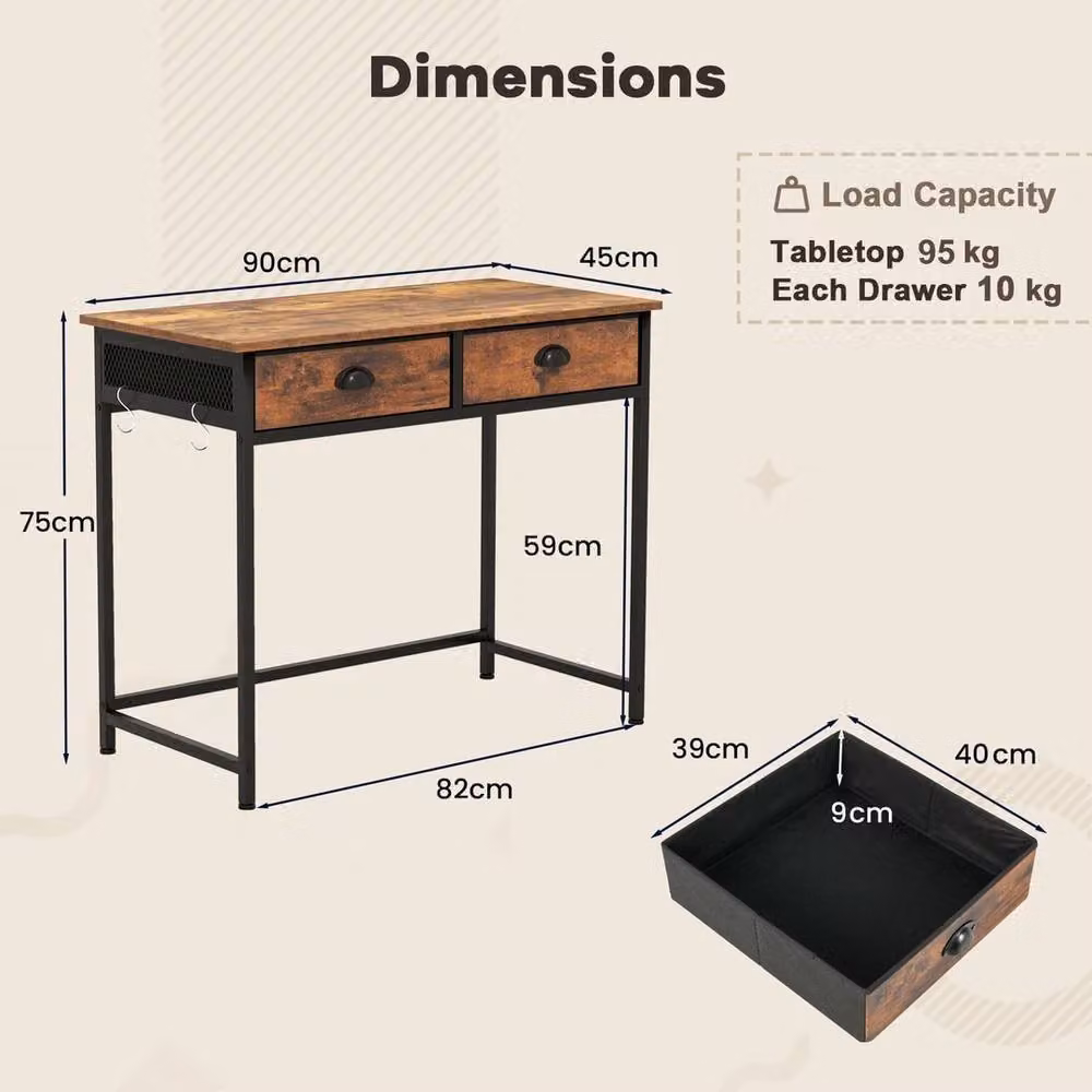 VOGREX Industrial Computer Desk in Brown with Metal Frame, W: 115 cm, D: 60 cm, H: 75 cm – 3