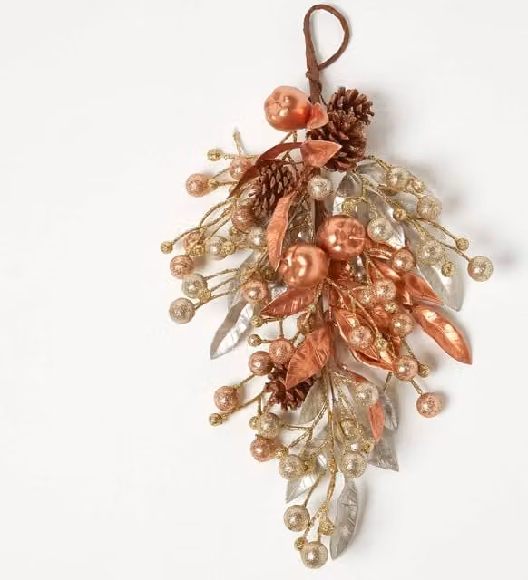 Homescapes Champagne Pinecone Apples Christmas Teardrop Swag in Gold and Yellow