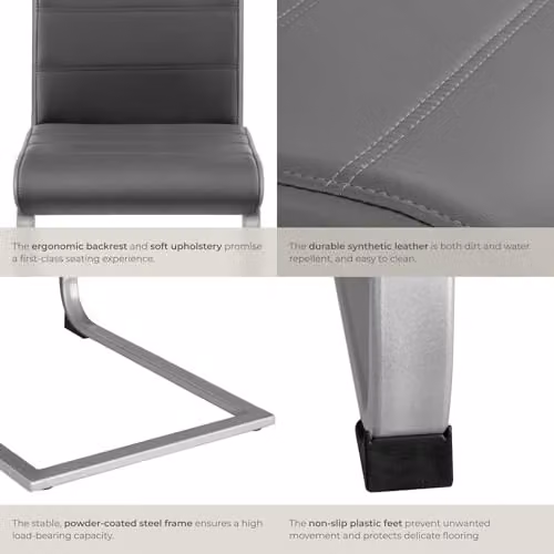 tectake Set of 6 Bettina Dining Chairs in Grey with Synthetic Leather and Metal Cantilever Base – 5