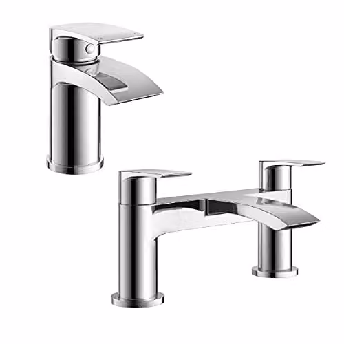 Nes Home Libra Waterfall Basin Mono Tap, Bath Filler Mixer Tap and Pop Up Waste Set in Chrome – 1