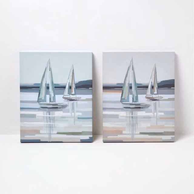 Homescapes Maritime Boat Canvas Wall Art Set of 2 in Blue, Grey and White