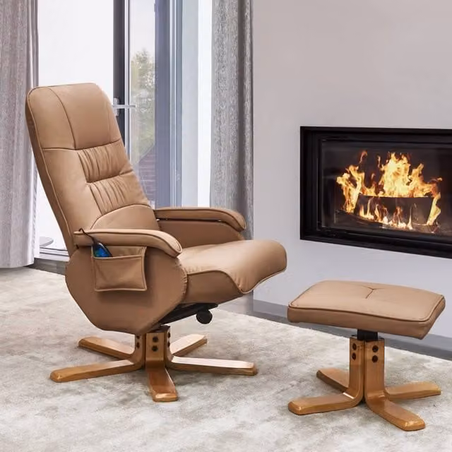 Wyld and Coco Modern Brown Faux Leather Recliner Armchair with Ottoman and 360 Degree Swivel