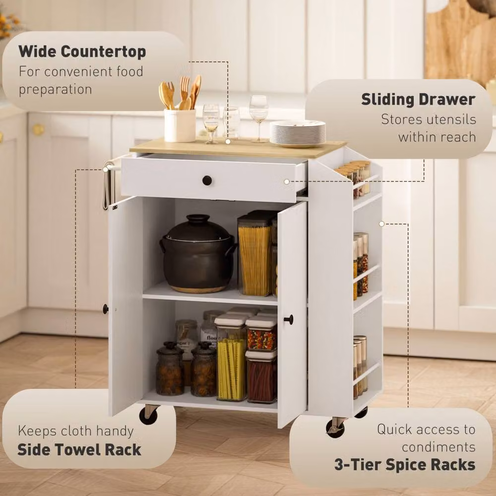 Wyld Haus Valetta White Wood Rolling Kitchen Island with Drawer, W/D/H: 82 x 38 x 86.5 cm – 4