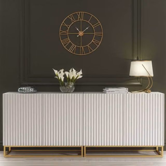 Mex Furniture LTD Set of 2 White Fluted Sideboards with Gold Base, W: 200 cm – 1
