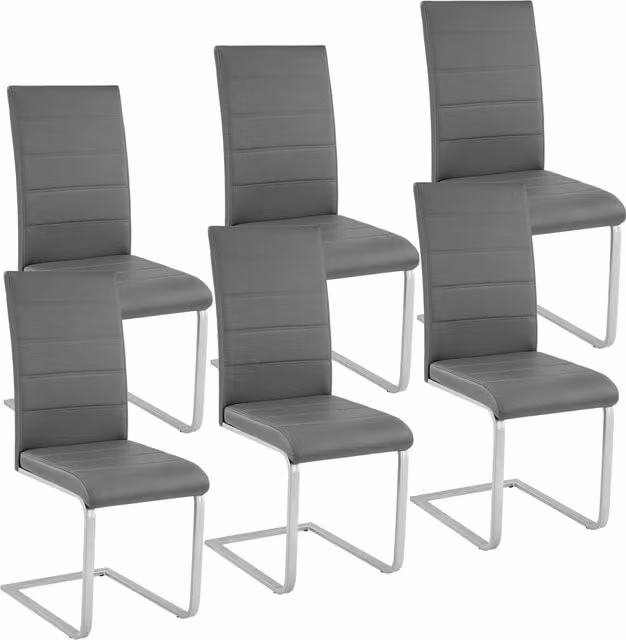tectake Set of 6 Grey Cantilevered Dining Chairs with Synthetic Leather and Metal Base