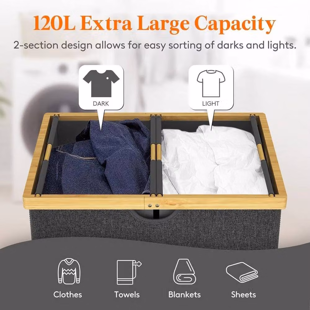 EONLION 120L Fabric Laundry Basket with Lid in Black and Grey – 3