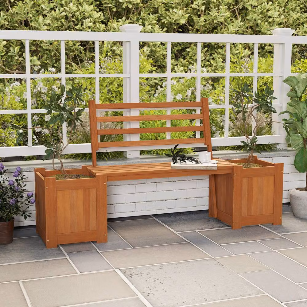 Costway Wood Outdoor Planter Box with Bench Seat and Backrest in Natural Brown – 2