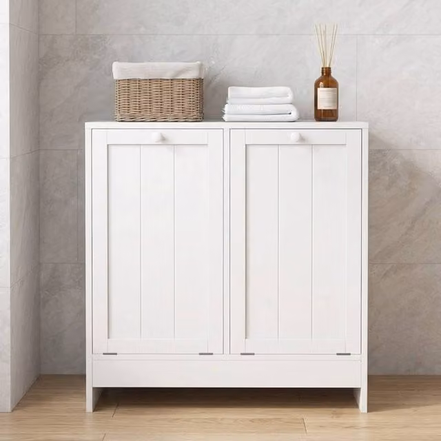 STILVORA White Laundry Cabinet with 2 Pull-Out Hampers, H 68.0 cm x W 66.0 cm x D 29.0 cm