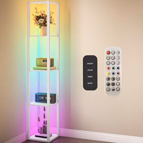 HOMCOM RGB LED Floor Lamp with Shelves in White, Dimmable with Remote Control – 1