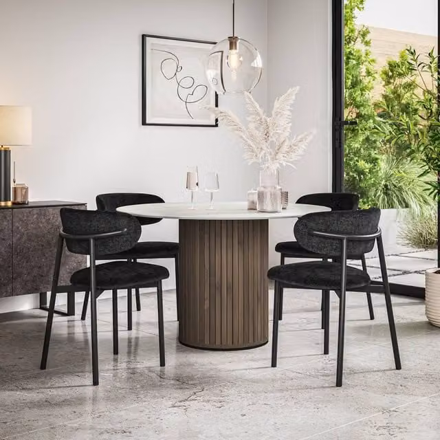 More4Homes Arlo White Marble Top Round Dining Table with Walnut Legs and 6 Myla Black Linen Dining Chairs Set – 1