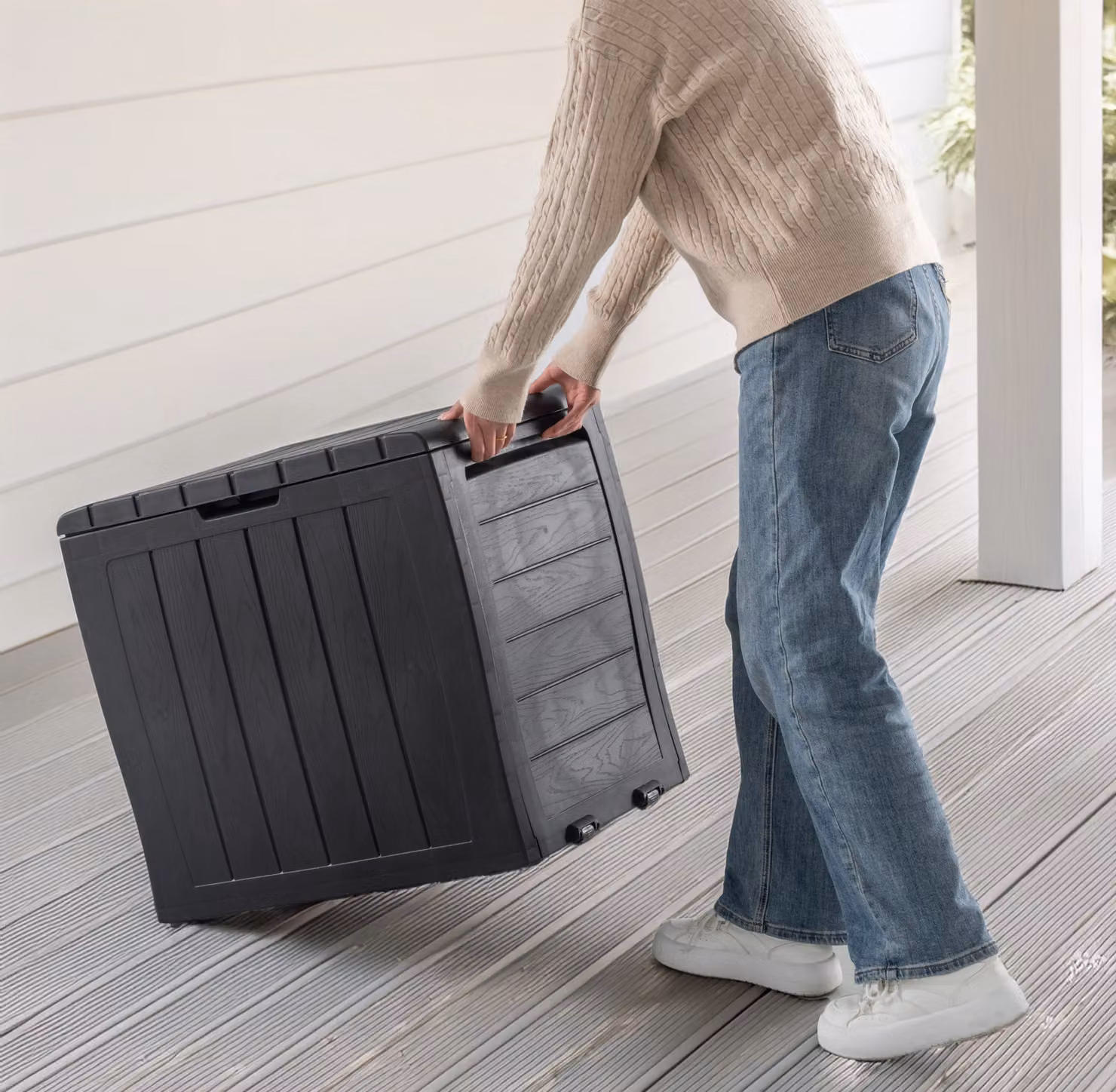 Simpa 120L Wood Panel Effect Plastic Garden Storage Box in Black and Grey, W/D/H: 57.8 x 44.0 x 55.0 cm – 7