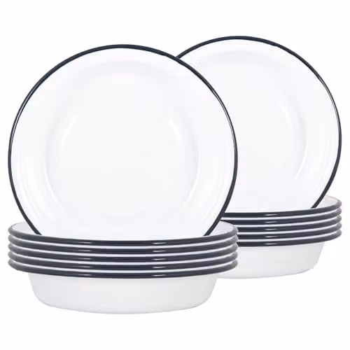 Argon Tableware White and Blue Enamel Steel Deep Bowls, Pack of 12, Diameter: 22.5 cm – 1