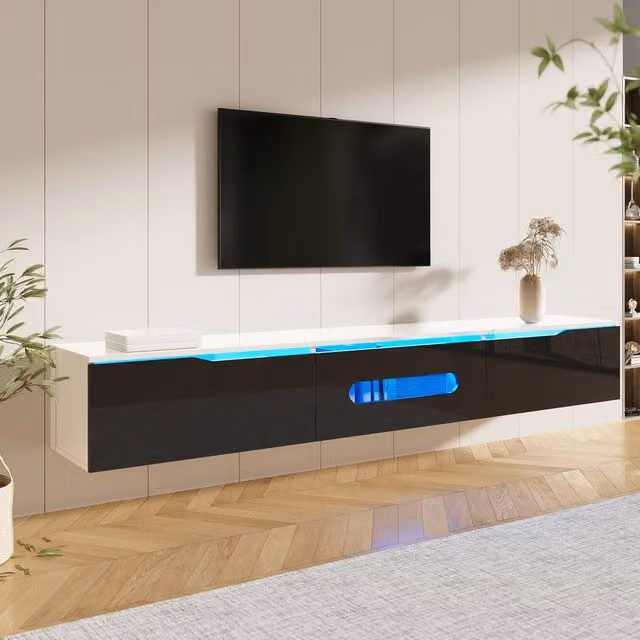 Merax Modern High-Gloss Wall-Mounted TV Stand with Adjustable LED in Black