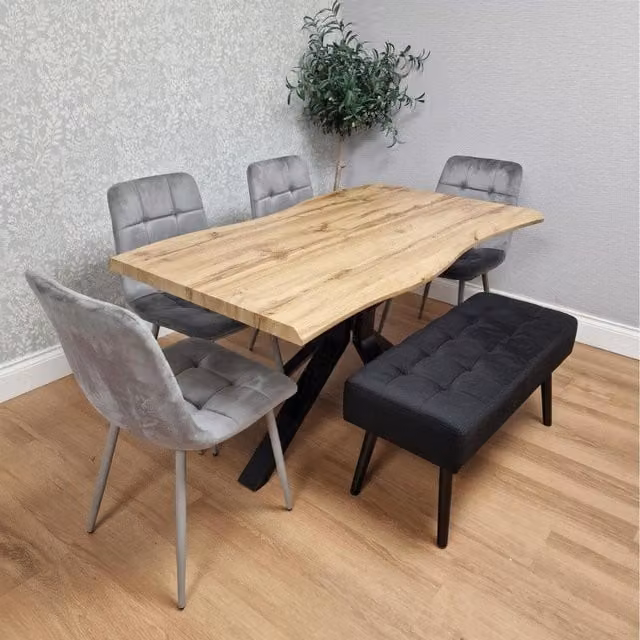 Kosy Koala Modern Dining Set with Rectangular Wooden Table, Velvet Chairs and Benches in Grey, Brown and Black