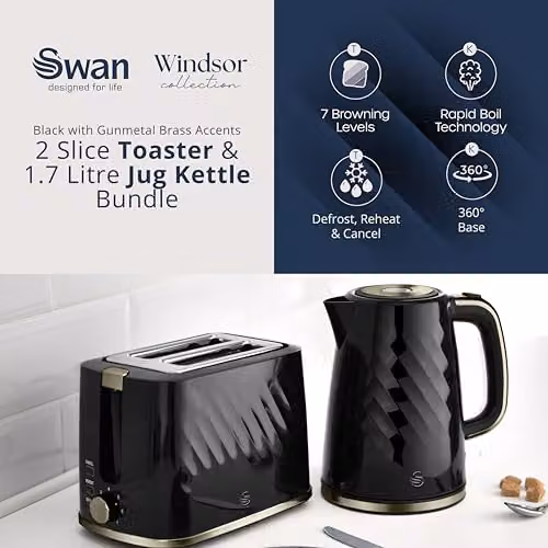 Swan Windsor Breakfast Essentials Bundle with 1.7L Rapid Boil Kettle and 2 Slice Toaster, Black and Gun Metal Brass, EEJB432 – 2