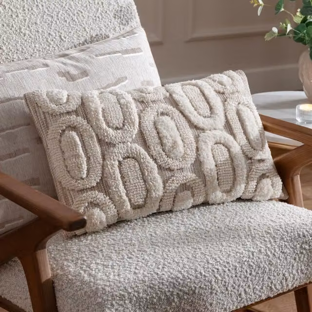 HOEM Fosse Graphic Tufted Rectangular Cushion in Beige, W: 50 cm, D: 30 cm, H: 30 cm