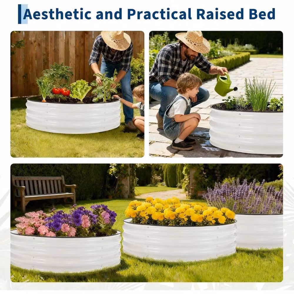 VOGREX Round Galvanised Steel Raised Bed Planter, White, W/D/H: 122 x 122 x 30 cm – 4