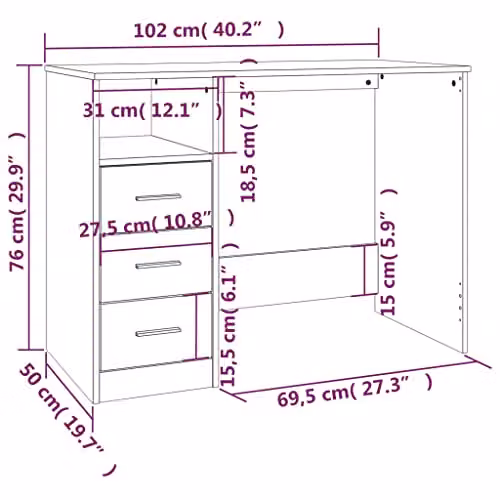 vidaXL Grey Writing Desk with Single Pedestal and Drawers, W/D/H: 102 x 50 x 76 cm – 3