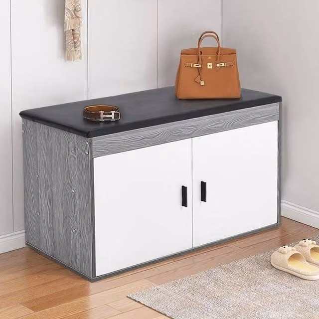 EONLION Modern White and Grey Wood-Grain Shoe Storage Bench, Width: 100 cm