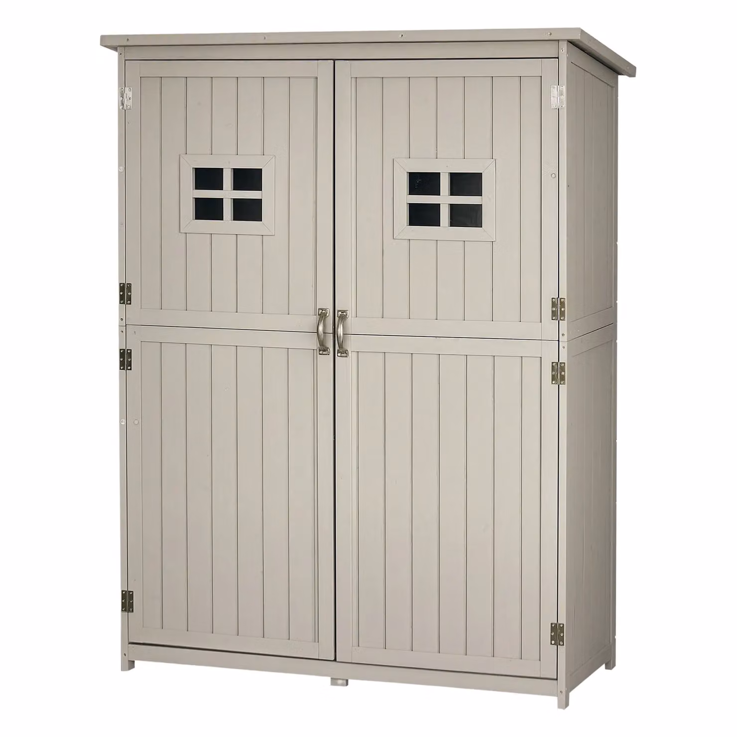 OUTSUNNY Grey Wooden Garden Tool Storage Cabinet with Double Doors, Window and Internal Shelving, W/D/H: 119.0 x 44.0 x 158.0 cm – 2
