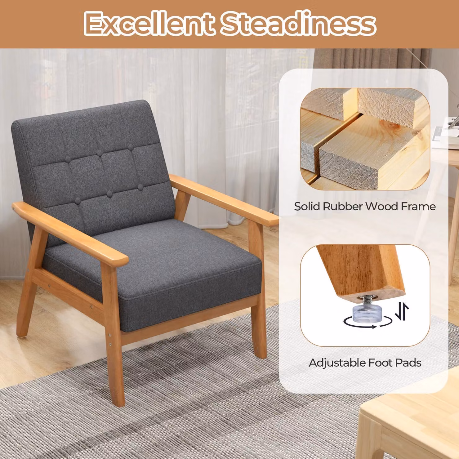 Costway Modern Button Tufted Upholstered Accent Chair in Grey – 3