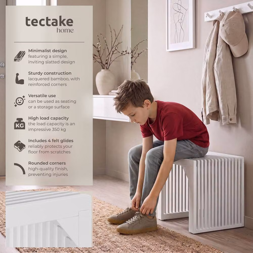 TECTAKE Ribb White Slatted Bamboo Stool and Bench for Hallway, Dining Room or Bedroom – 2