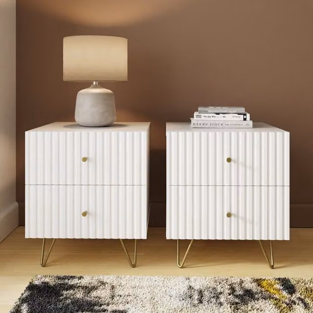 GFW Thalia Ribbed 2 Drawer Bedside Table Pair in White