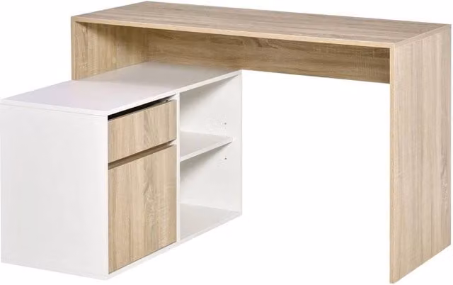 FORGEVIO L-Shaped Corner Computer Desk in White and Brown Oak Finish – 1