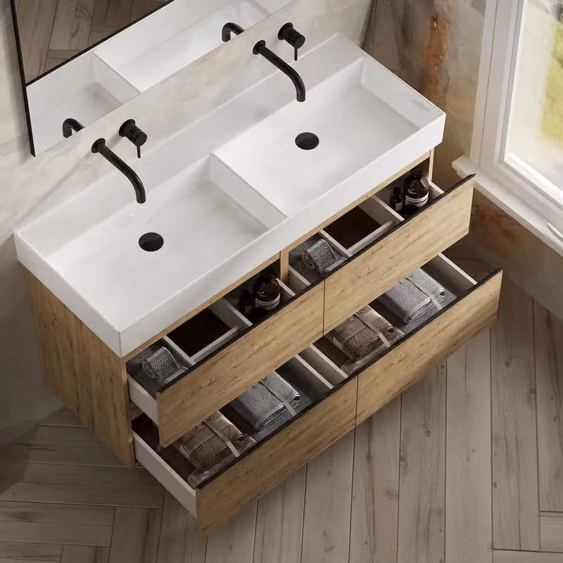 Banyetti Vatilla 1200mm Wall Hung Vanity Unit with Veneto No Tap Hole Basin in Ostippo Oak Light Oak, W: 120 cm, D: 45 cm, H: 59 cm – 3
