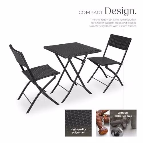 tectake 3 Piece Bistro Set with Foldable Poly Rattan Chairs and Table in Black – 3