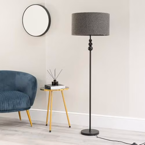 ValueLights Marissa Black Stacked Ball Floor Lamp with Charcoal Grey Boucle Fabric Shade and LED Bulb – 2