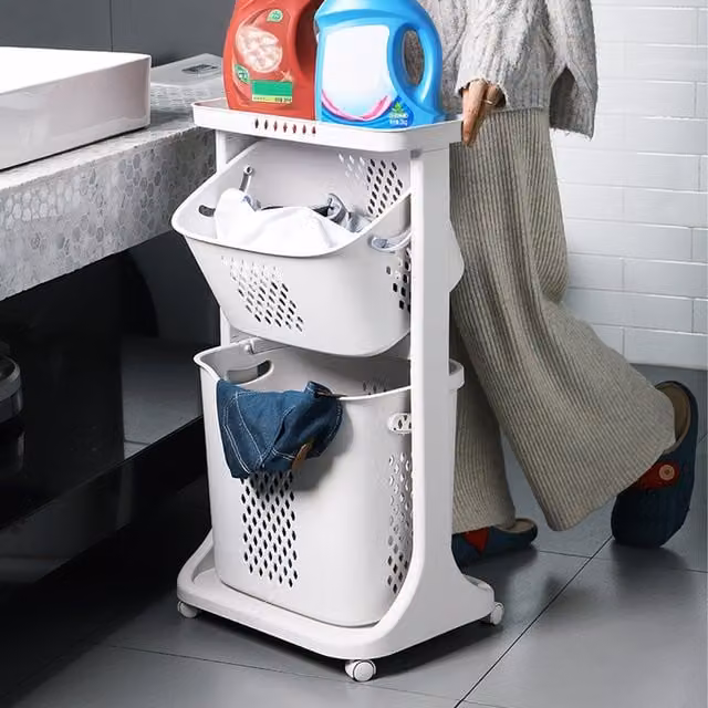 Livingandhome Multifunction Laundry Hamper Storage Trolley with Wheels and Handles, Grey, Height: 79 cm