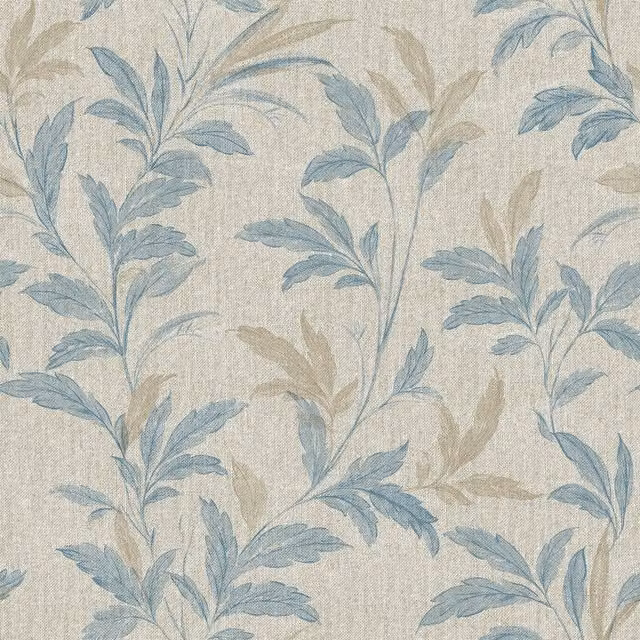 Grandeco Organic Leaf Trail Linen Textured Wallpaper in Blue and Neutral