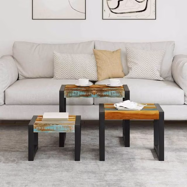 Berkfield Home Three Piece Nesting Tables in Multicolour Solid Reclaimed Wood – 1