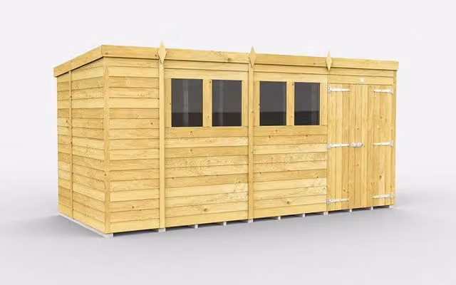 Buttercup Farm Brown Pent Shed with Double Doors and Windows, W: 417 cm, D: 214 cm, H: 201 cm – 1