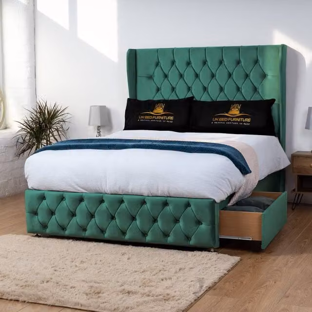 Luxor Living Luxor Wingback Divan Bed with 54 Inch Headboard and 2 Foot End Drawers in Green Velvet, Size: King, W/D/H: 180 x 200 x 137.16 cm – 1