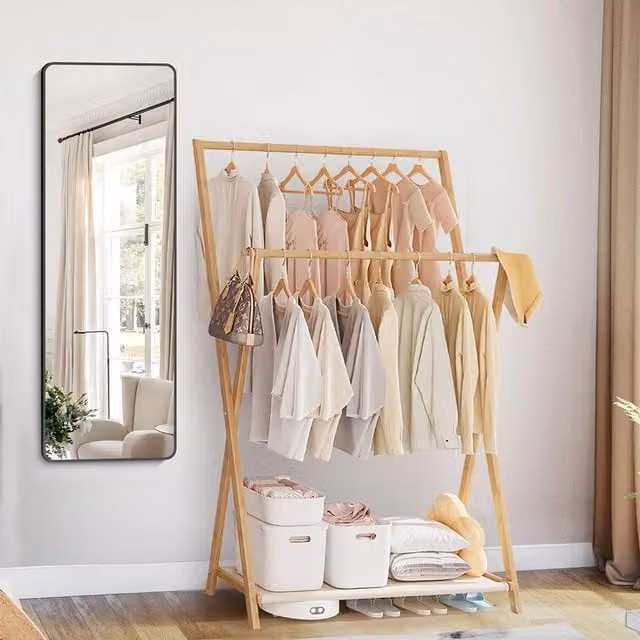 Lifeideas Double Rod Bamboo Clothes Rack with Hooks in Natural Brown Wood