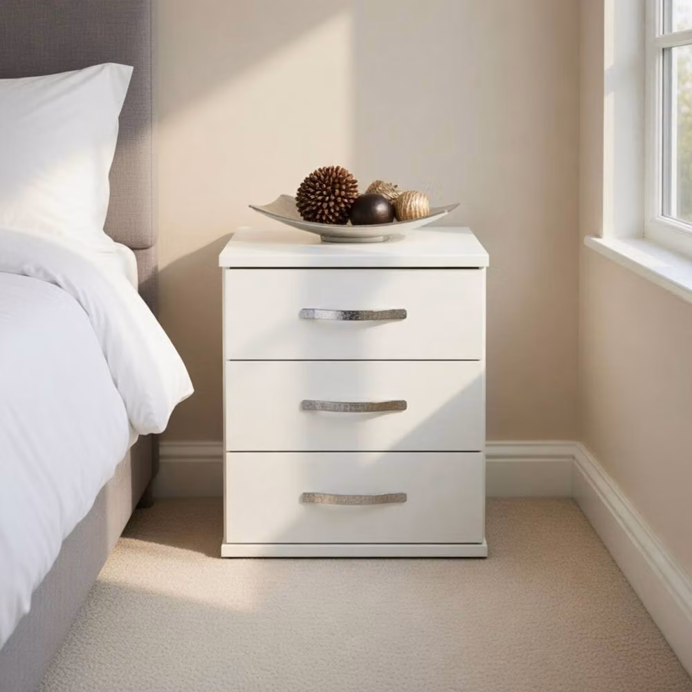 KDMD Duo 3 Drawer White Bedside Cabinet – 2