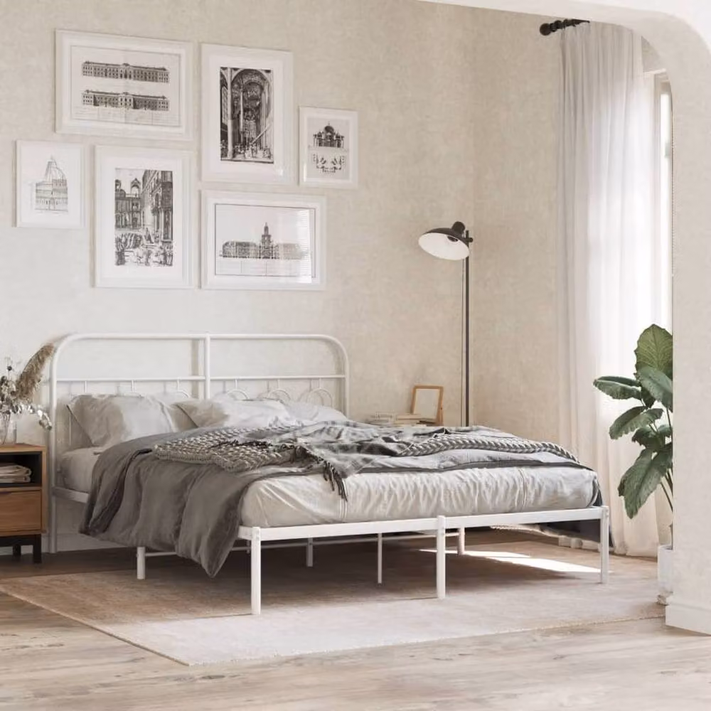 Berkfield Home Metal Bed Frame with Headboard, White, W: 135 cm, L: 190 cm – 2