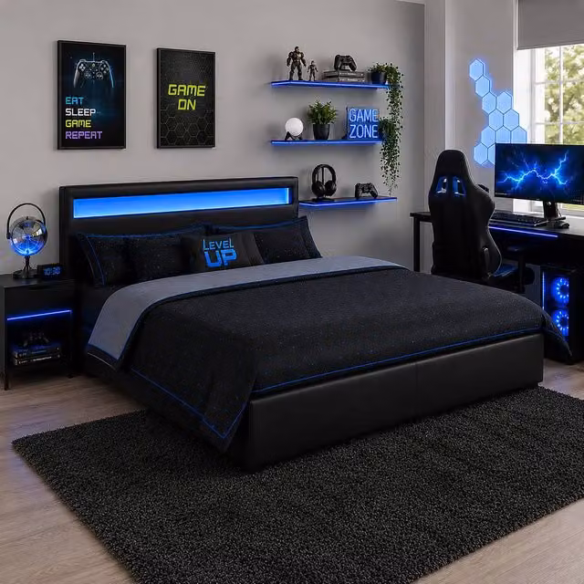 Harmin LED Gaming Ottoman Bed in Black with Under-Bed Lighting and Lift-Up Base, W/D/H: 140 x 200 cm – 1