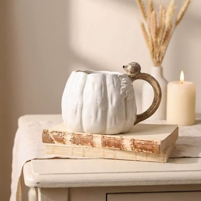 Garden Greatness Hedgehog on Handle Pumpkin Mug in White