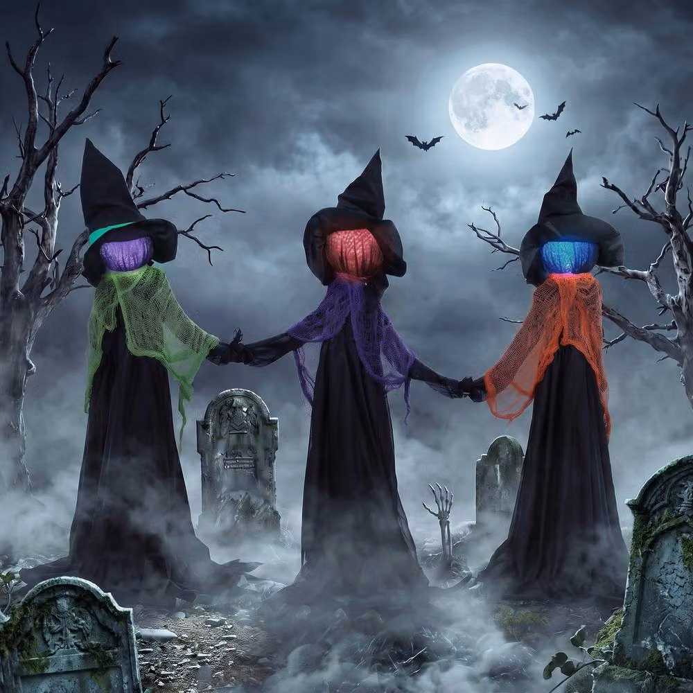 HOMCOM Witches Holding Hands Animated Halloween Light Up Prop, Black – 2