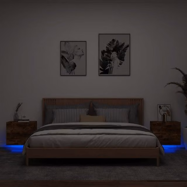 Berkfield Home Set of 2 Wall-mounted Bedside Cabinets with Integrated LED Lights in Smoked Oak Brown
