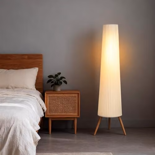 HOMCOM Dimmable LED Tripod Floor Lamp with Foot Switch, White and Wood, Height: 153 cm – 5