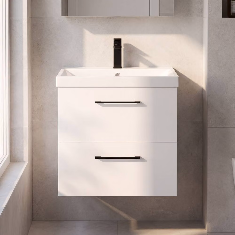 Balterley Modern Gloss White Wall Mounted 2 Drawer Bathroom Vanity Unit with Basin and Black D Shape Handles W/D/H: 61.0 x 39.0 x 39.9 cm – 2