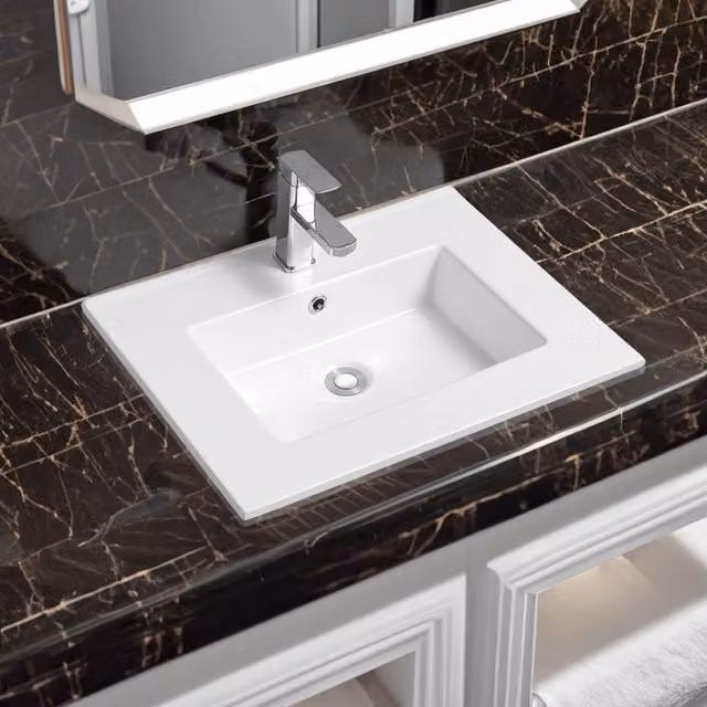 Limoge 4012 White Ceramic Rectangular Thin-Edge Inset Countertop Basin W: 60 cm, D: 46 cm, H: 15.5 cm