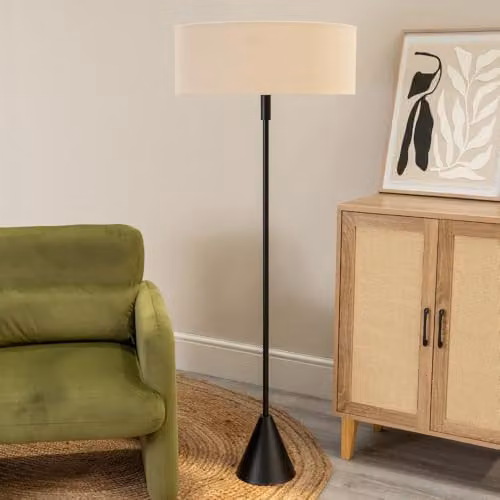 ValueLights Mitch Triangle Floor Lamp with Beige Linen Shade and Black Wood Base, Includes LED Bulb – 2