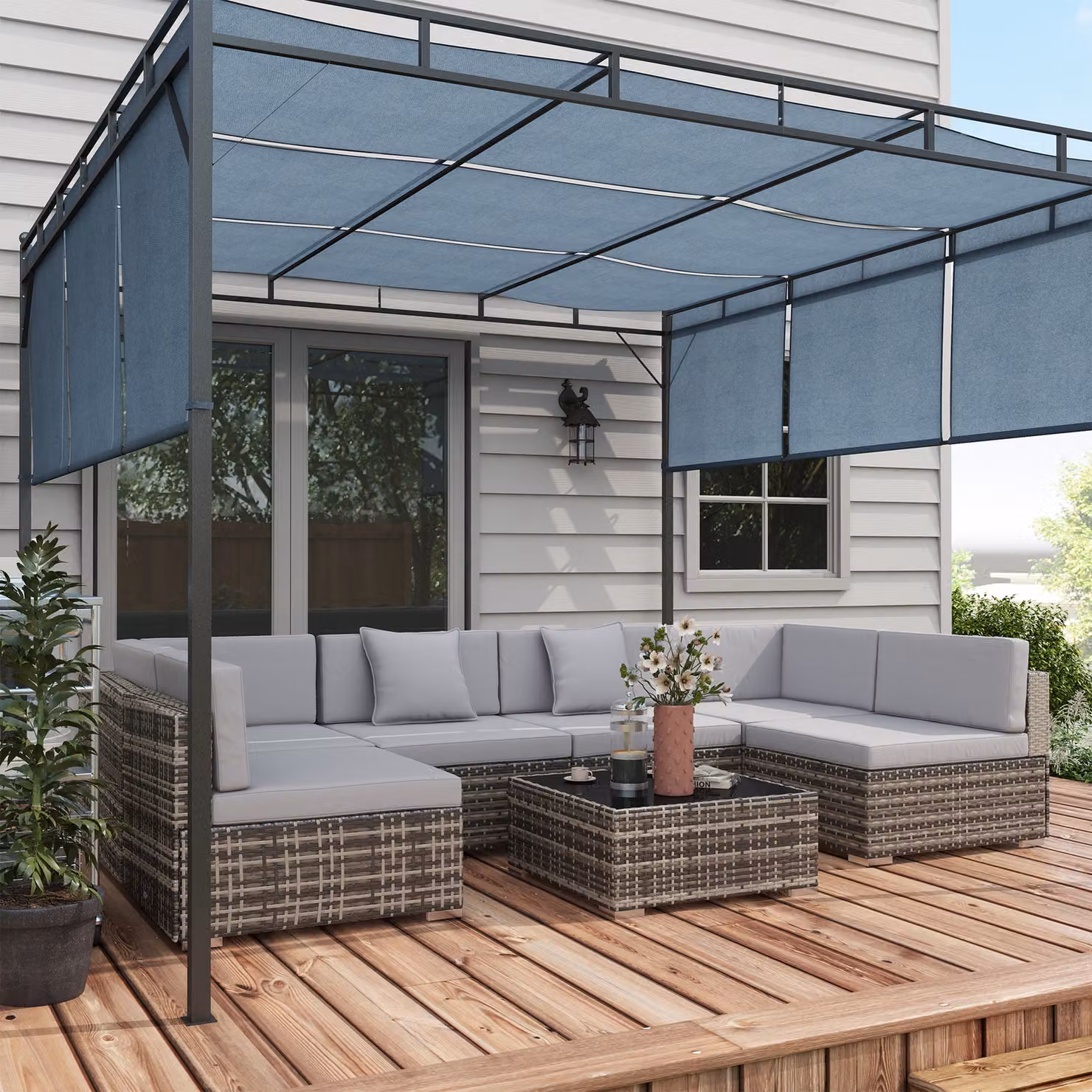 Outsunny 7 Piece PE Rattan Garden Furniture Set in Mixed Grey with L-Shape Corner Sofa, Glass Coffee Table and Padded Cushions – 2