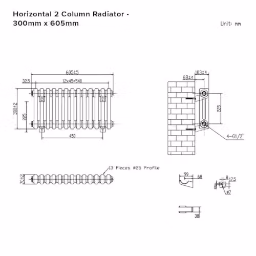 Lux Heat Black Horizontal 2 Column Traditional Steel Radiator, H 30.0 cm x W 60.5 cm – 3